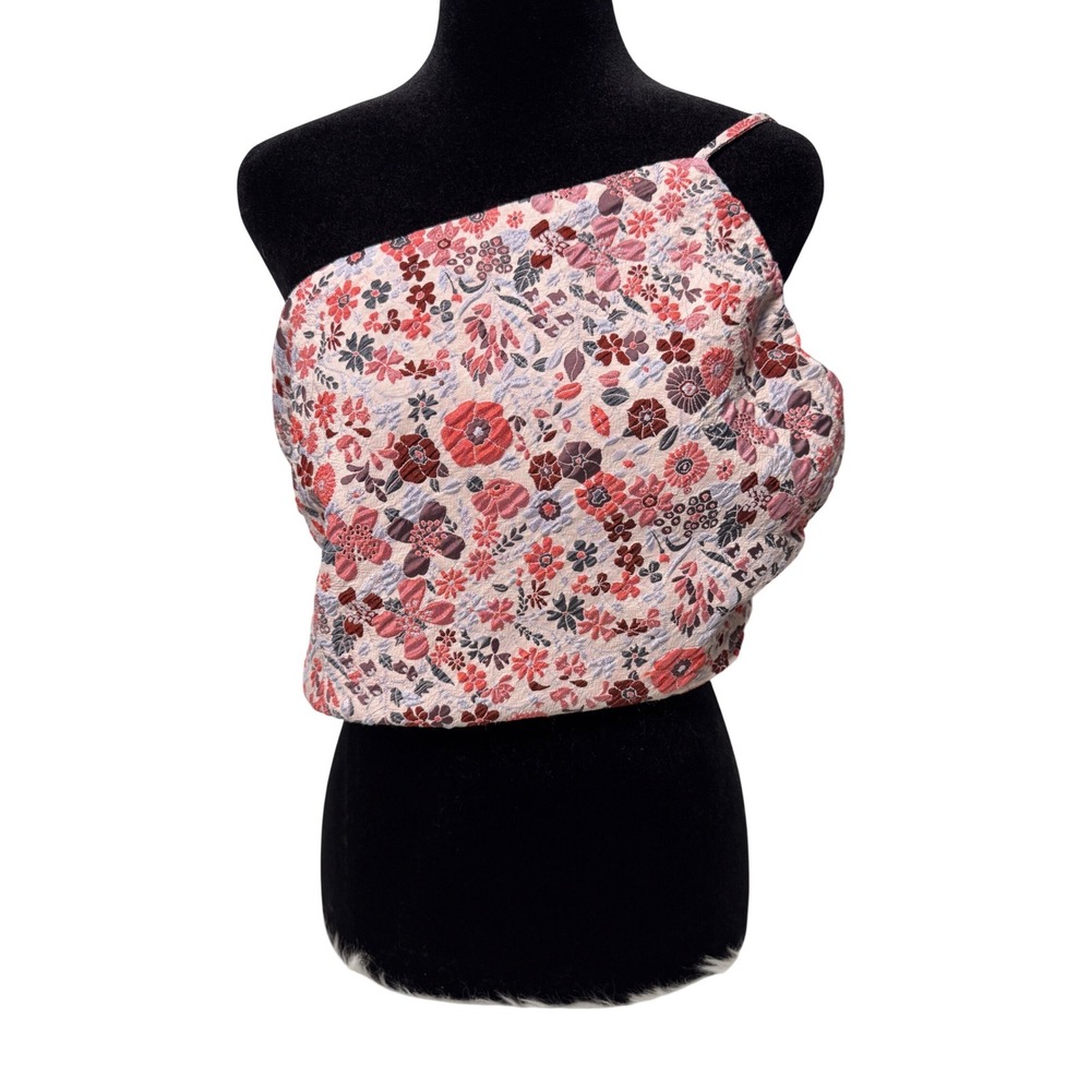 Lulus Floral Brocade One Shoulder Crop Top Red Pink Jacquard Ruched‎ Size Large